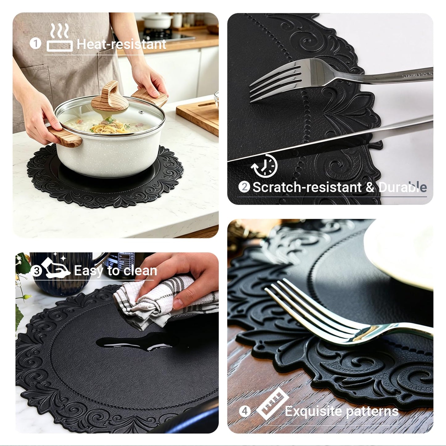 Noctiflorous Round Faux Leather 15 Inch Placemats Set of 4 Waterproof Wipeable Heat Resistant Tablemat for Dining Table Kitchen Non Slip Washable Oilproof Table Place Mat for Indoor Outdoor(Black, 4)