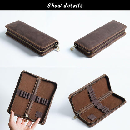 MIVLXLX Leather Pencil Case Organizer, 10 Wooden Pencils Portable Pen Case Storage for Drawing Pencils and Markers (black)