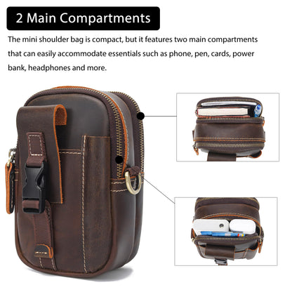 LANNSYNE Small Full Grain Leather Messenger Bag for Men, 3-in-1 Crossbody Shoulder Bag & Waist Belt Pouch, Sling Purse for Travel Business, Vintage Cell Phone Holster