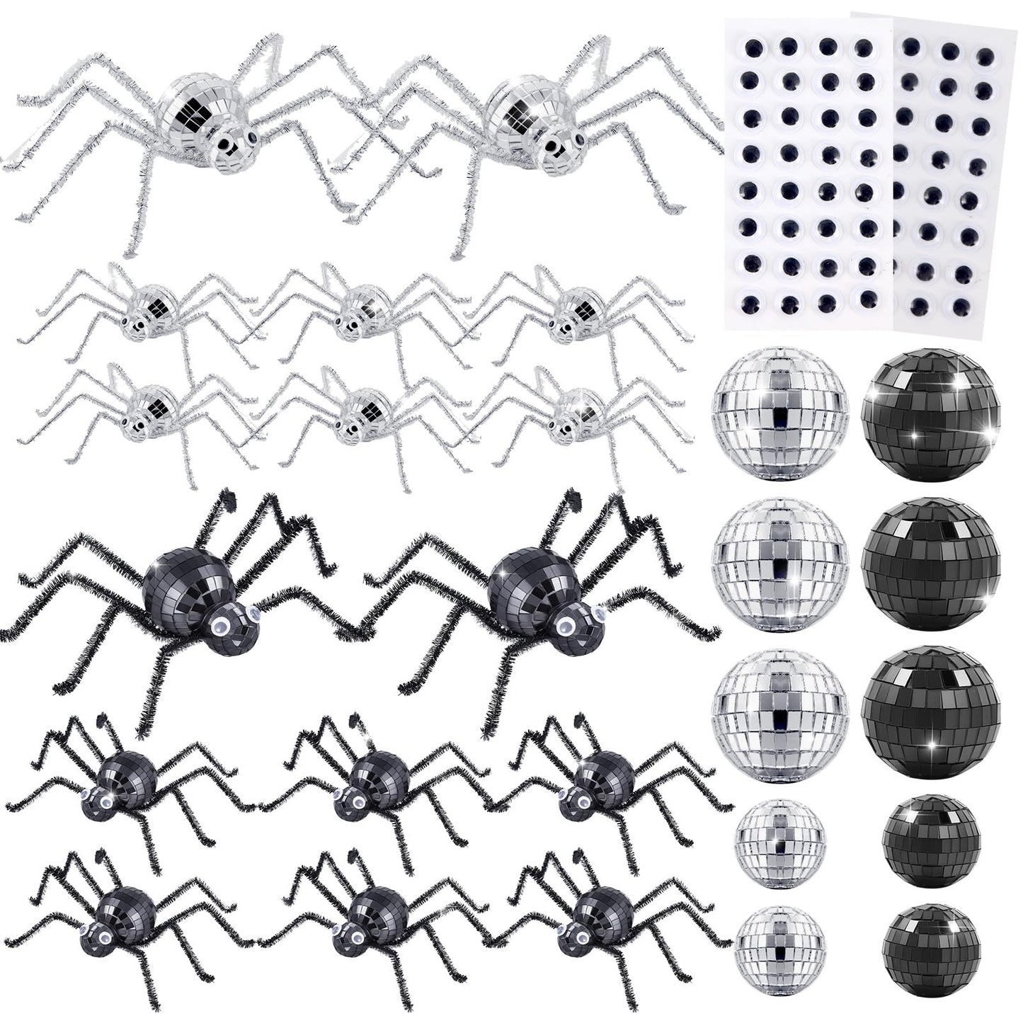 24 Pcs Halloween Disco Spiders Halloween Disco Decor DIY Disco Spiders Making Kit for Halloween Party Decor Glitter Disco Ball with Sparkle Pipe Wiggle Googly Eyes for Halloween DIY Spiders (Spider Shape)