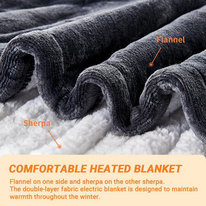 Electric Blanket Heated Throw, Soft Flannel Heating Blanket with 8 Hours Auto Off 10 Fast Heating Levels Machine Washable Sherpa Heated Blanket with Overheating Protection