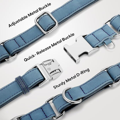 WHIPPY Vegan Leather Dog Collar No Slip Martingale Dog Collar with Quick Release Metal Buckle for Large Medium Small Dogs,Blue