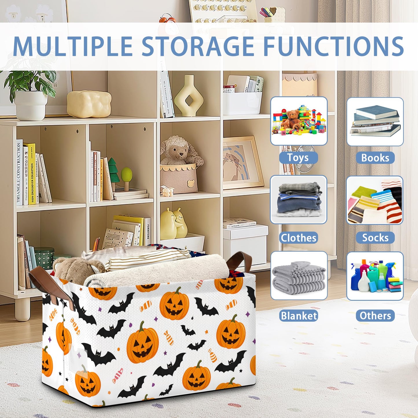 Masarua Halloween Pumpkin Bat Storage Baskets,Candy Foldable Organizer Bin with Handles for Home Living Room Bedroom Closet Box 17x11.5x10Inch