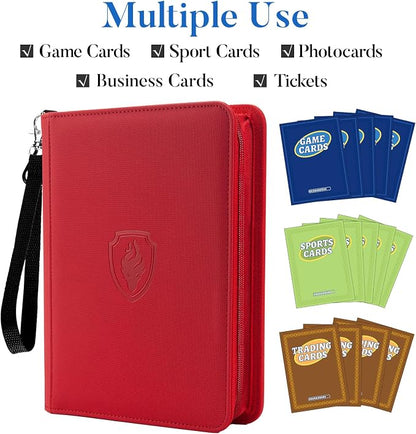 Fabmaker Premium 4 Pocket Zip Card Binder, Trading Card Binder for 320 Cards, Portable PU Card Collection Binder, Collector Card Album Folder for Game & Sports Cards (Red)
