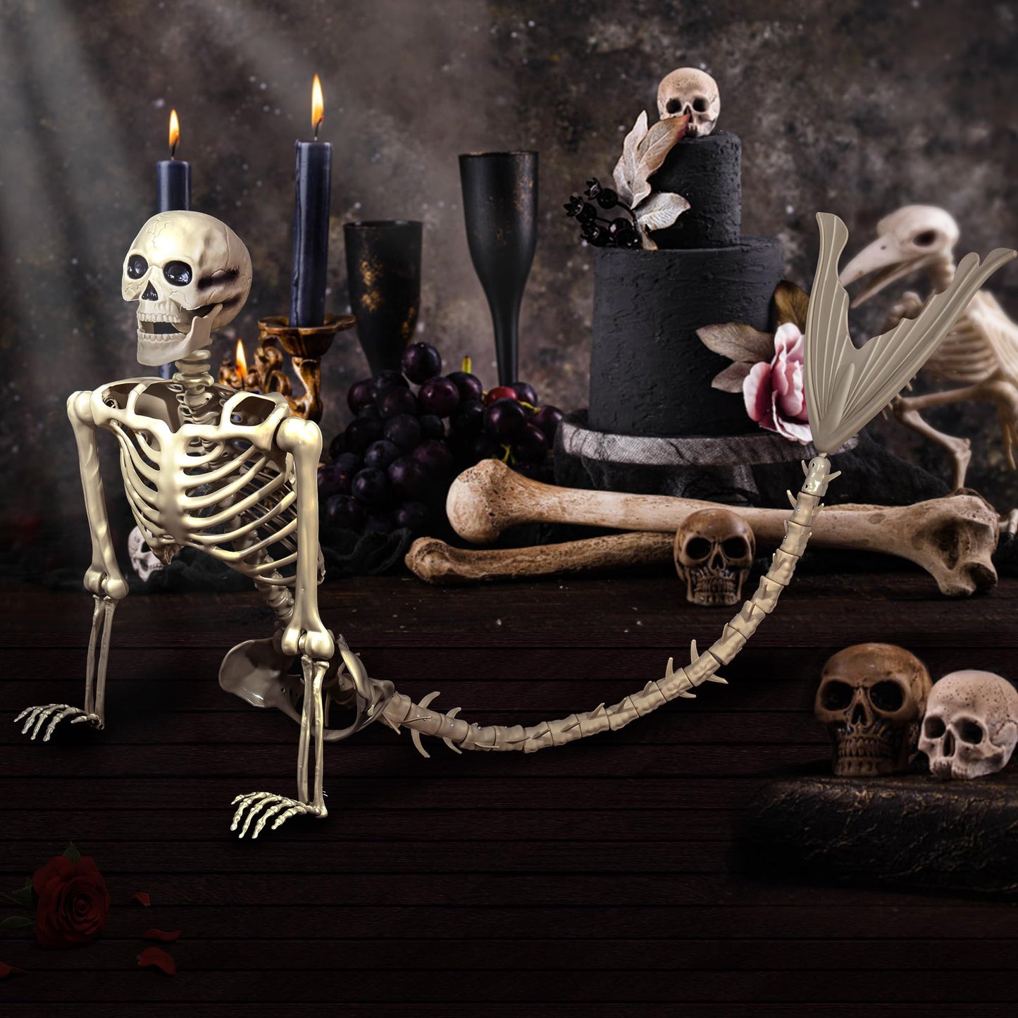 BEABOO 84Inches/7Ft Mermaid Halloween Life Size Skeleton Pose-N-Stay Posable Movable Joints Hanging for Halloween Decoration Decor Spooky Scene Party Favors