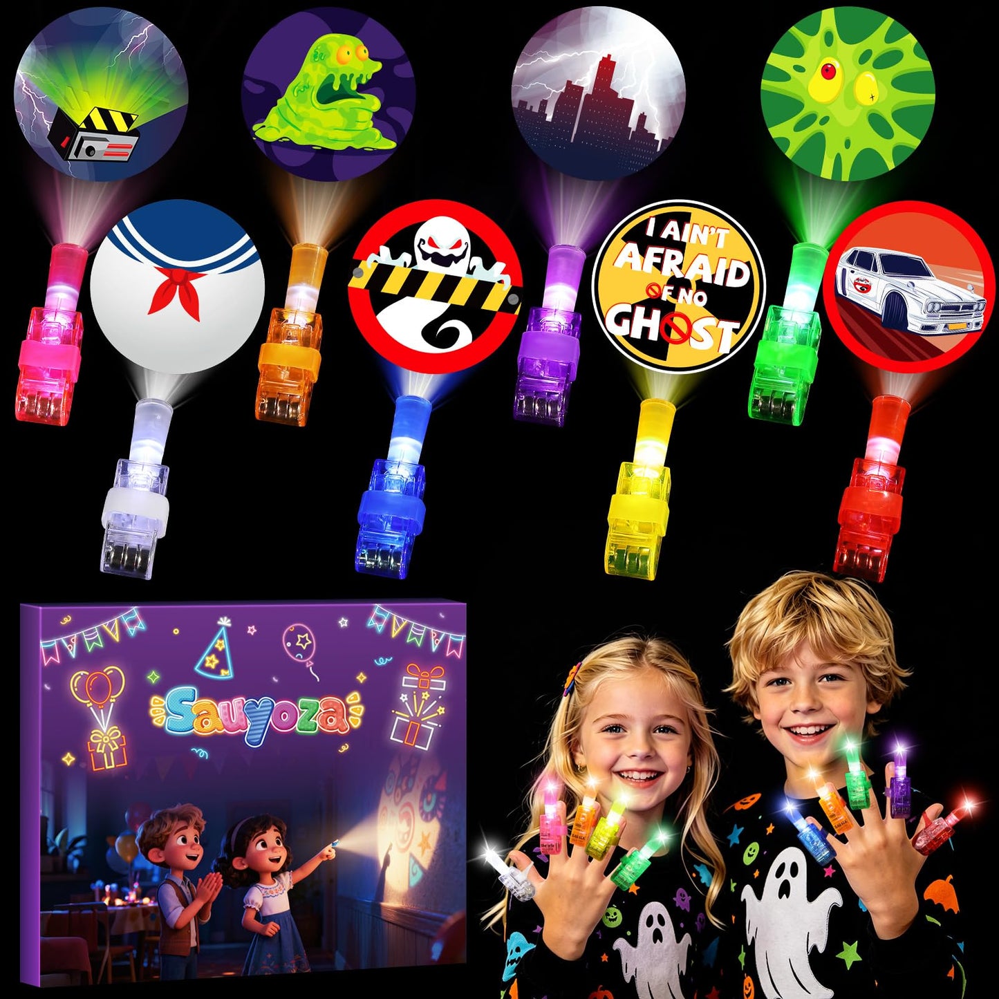 Sauyoza 36 Pack Green Ghost Party Favors LED Finger Lights for Kids, Green Ghost Themed Goodie Bag Stuffers, Classroom Treasure Box Prizes, Glow in the Dark Ghost Party Supplies