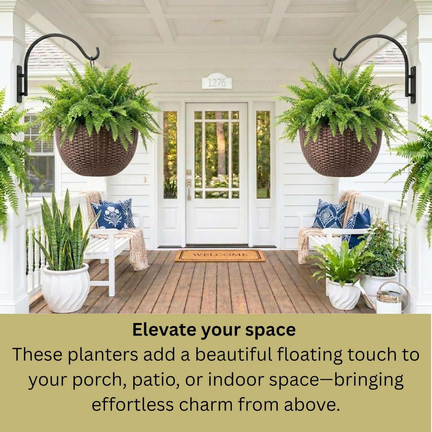 LaLaGreen Bundle- 4 Pack, 11 Inch Self Watering Hanging Basket + 2 Pack, 24 Inch Metal Basket with Coco Liner Wall Mount Fence Rail Planter Round Plastic Flower Pots Balcony Porch Patio Outdoor Garden