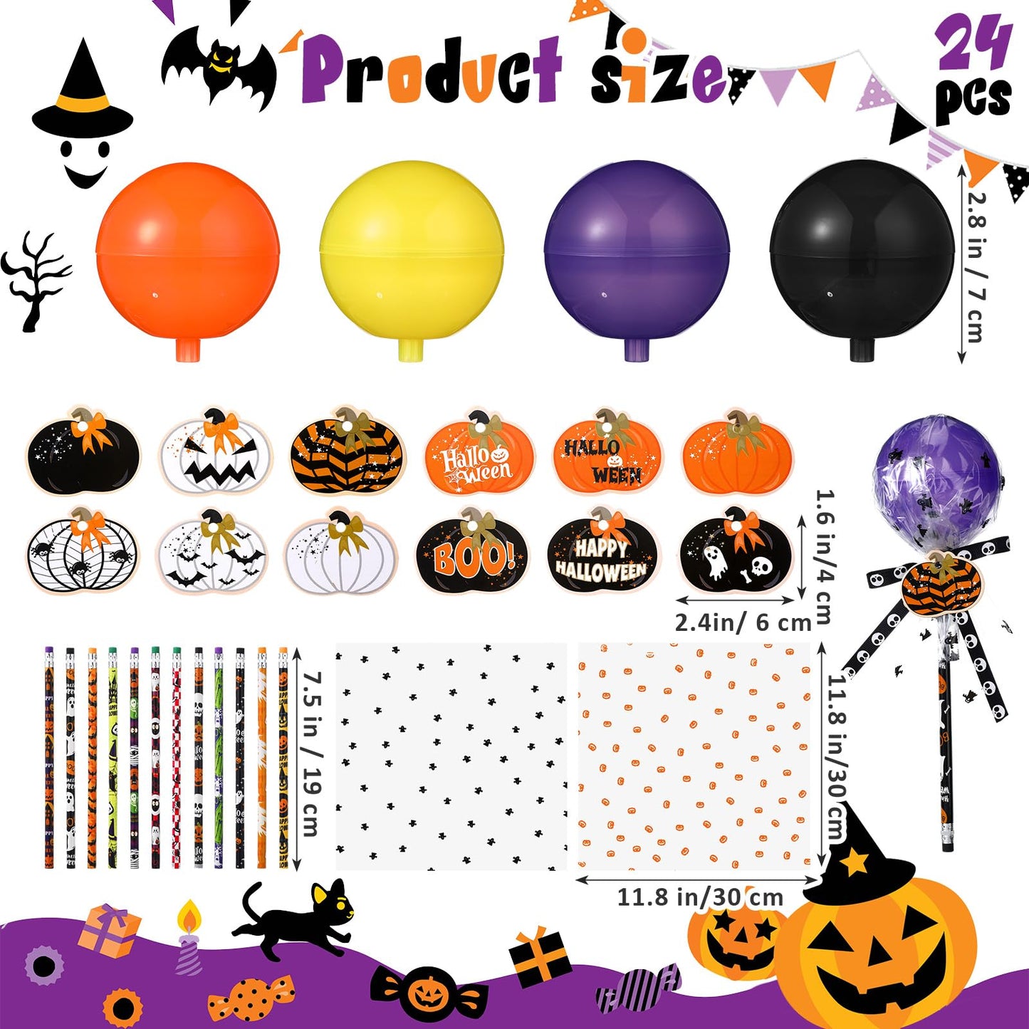Simgoing 96 Pcs Halloween Party Favors Gift Trick or Treat Container Halloween Pencil Empty Giant Lollipop Stationery Candy Fillable Hold Plastic Lollipop Storage for Classroom Gifts