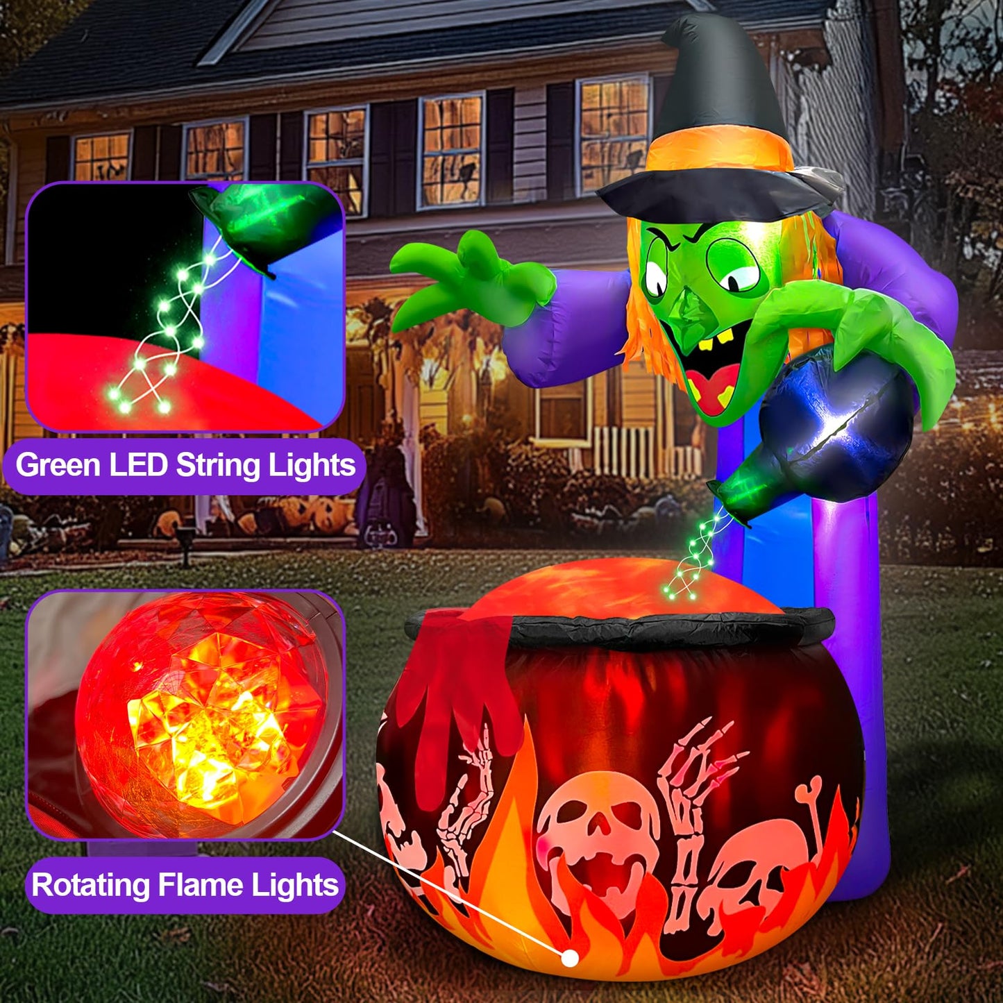 [ 2 Style Lights ] 5 Ft Halloween Inflatable Witch and Cauldron with Rotating Red Flame Lights & Green LED String Light, Halloween Decorations Outdoor Blow Up Yard Decor for Indoor Party Garden Lawn