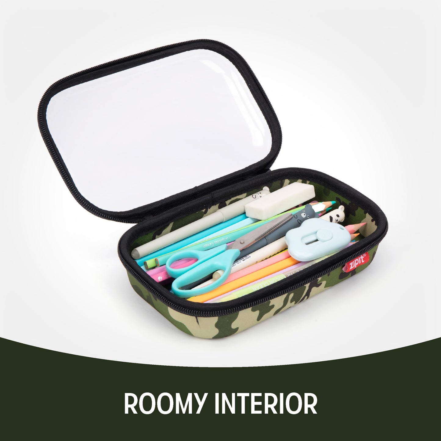 ZIPIT Clear Top Pencil Case for Kids, Durable Pencil Box for School, Large Capacity Stationery Organizer Box, Camo