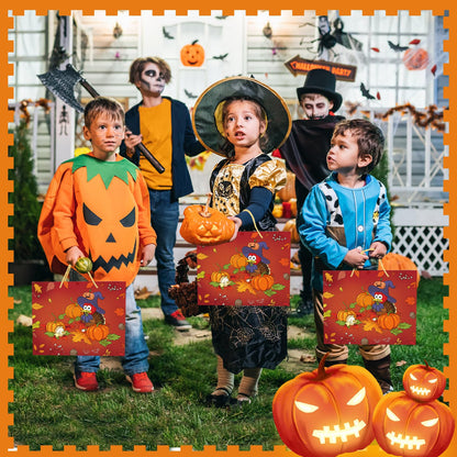 Briurdo Large Orange Happy Halloween Bag 11.8" Trick or Treat Gift Bag with Tissue Paper Greeting Card Night Pumpkin Turkey Paper Treat Bag Goodie Bags for Kids Halloween Thanksgiving Party Decorations Supplies