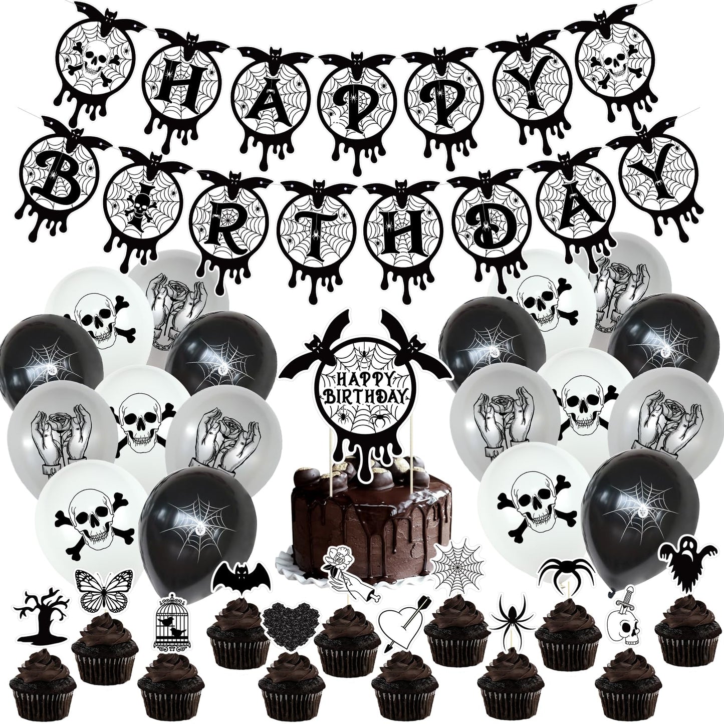 Gothic Black and Silver Horror Theme Birthday Party Supplies Funeral Decorations with Balloons Die Cut Skulls Hearts Ghosts Bats Spiders and Screaming Faces Halloween Party Supplies