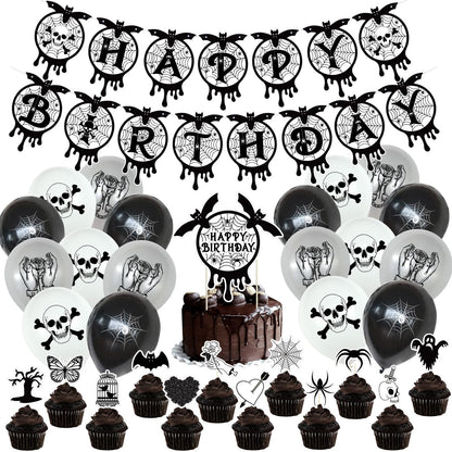 Gothic Black and Silver Horror Theme Birthday Party Supplies Funeral Decorations with Balloons Die Cut Skulls Hearts Ghosts Bats Spiders and Screaming Faces Halloween Party Supplies