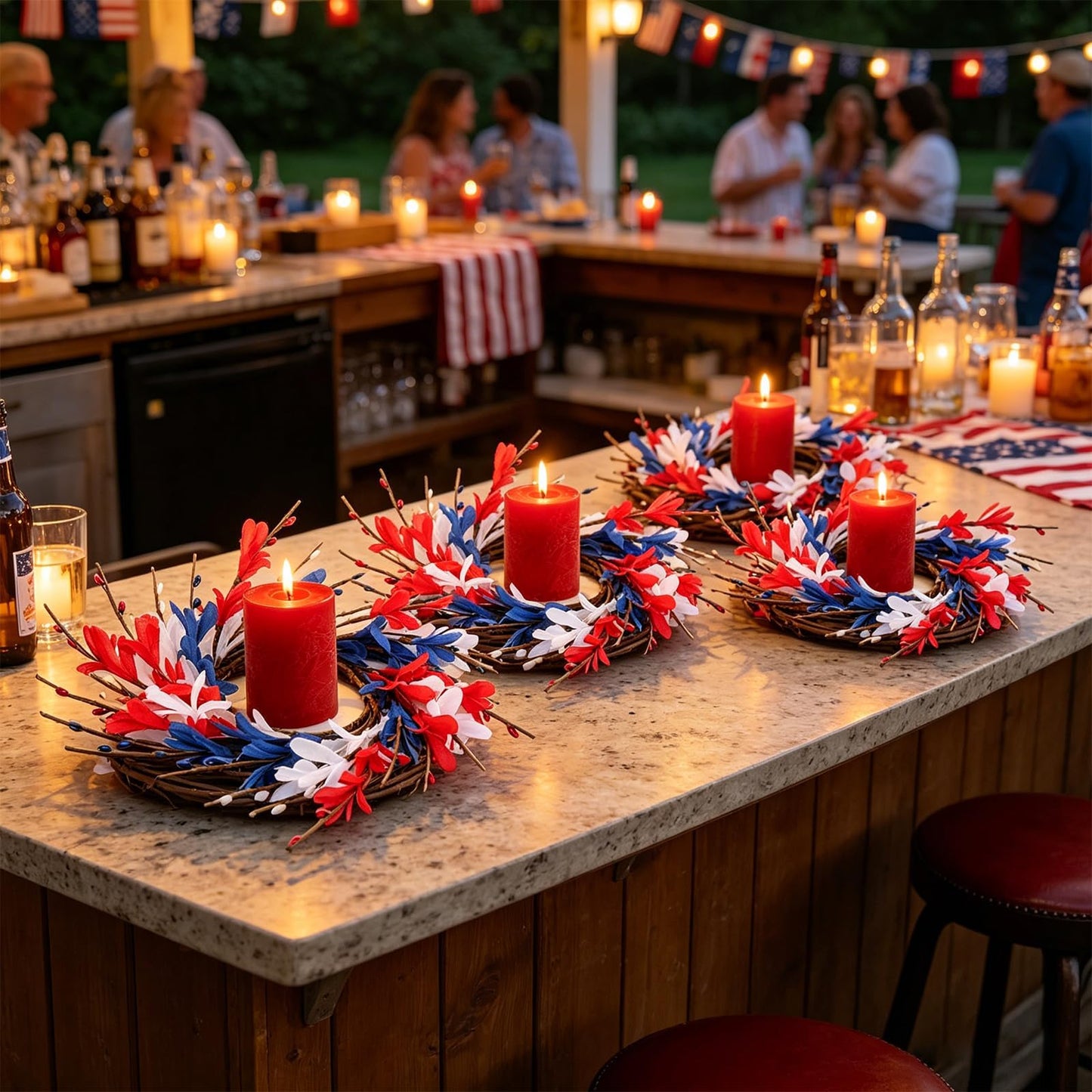 6 PCS Patriotic American Candle Rings Wreaths 4th of July Red White and Blue Floral Candle Rings Holder with Forsythia Flowers Mini Independence Day Wreath for Party Home Table Centerpiece Decor