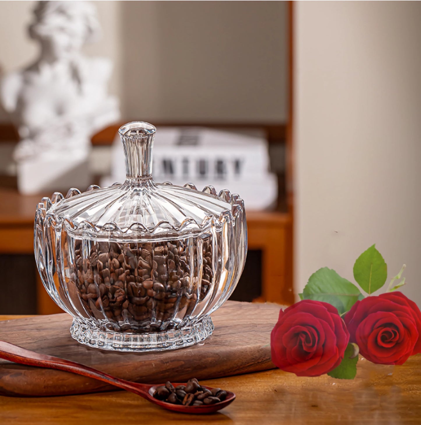 HMFDYHz Glass Candy Dish with Lid, 17oz Crystal Glass Candy Bowl, Classic Fancy Glass Canister for Cookies Nuts Chocolates Fruit,Home Wedding Party Decorative Jar (Clear)