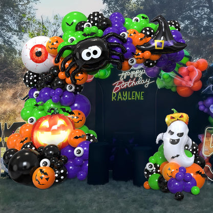 Halloween Balloon Arch Kit,137Pcs Orange Black Green Purple Balloon Garland with 3D Bat Stickers,Pumpkin,Witch Hat,Spider,Ghost,Eyeball Foil Balloons for Halloween Spooky Birthday Party Decorations