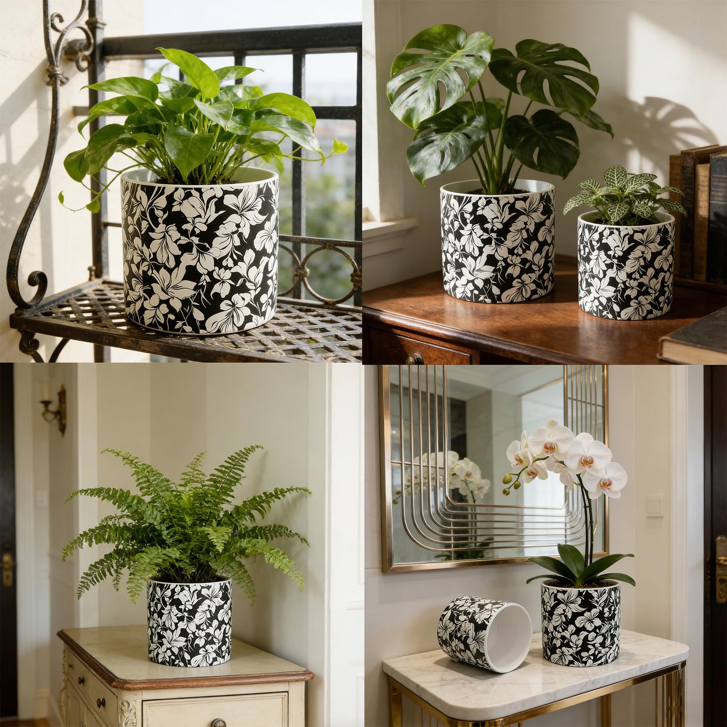 Ceramic Flowerpot Kit with Drainage Holes and Trays，5.9/4.9in Home Decor Planter for Indoor Potted Plants and Succulent Plants，2 Set of Black and White Plant Pot for Housewarming and Home Gifts