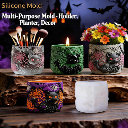 QUDYNZAL 1Pc Gothic Black Cat Jar Silicone Mold 3D Spooky Spiderweb Resin Mold for Epoxy Casting, Concrete DIY Makeup Brush Holder Succulent Planter Pen Cup Candle Handmade Halloween Gifts Home Decor