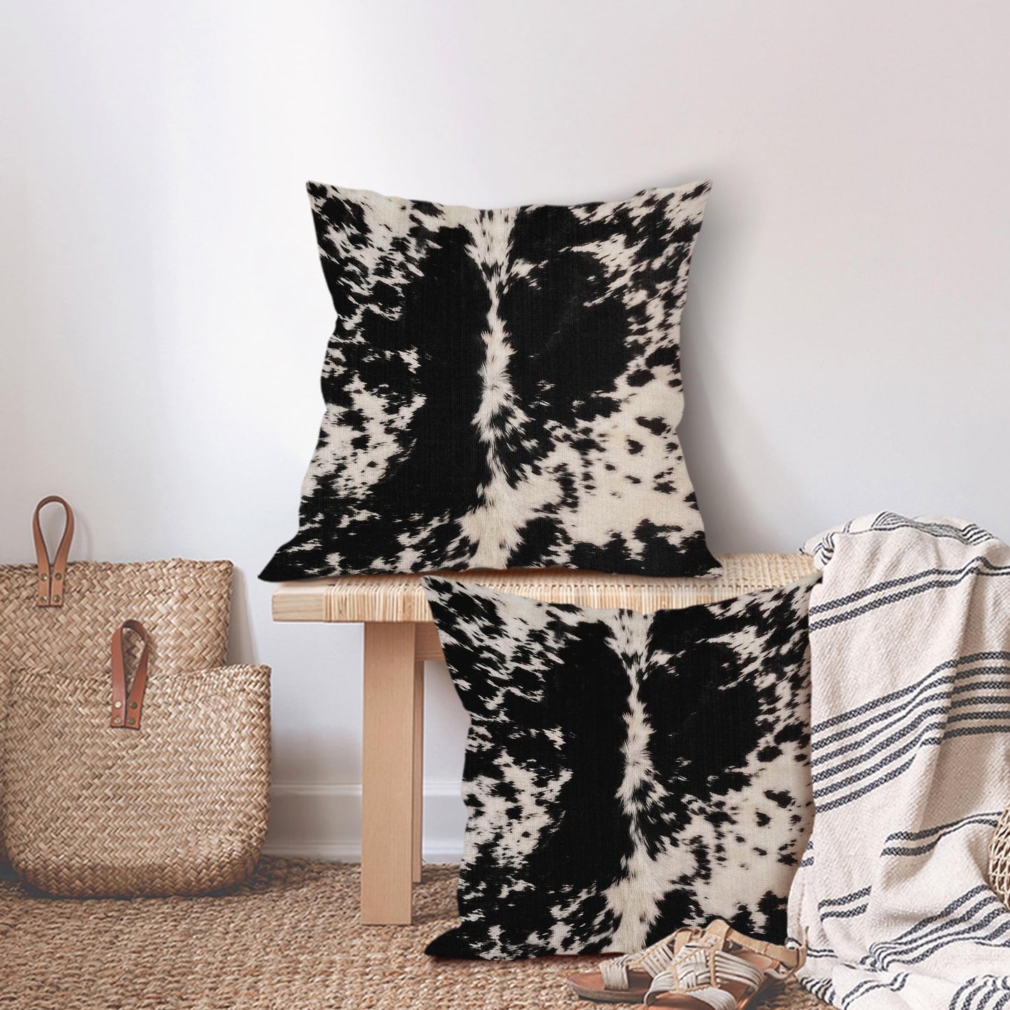 Cowhide Print Pillow Covers 20X20 Inch Black White Cow Spots Decorative Square Pillow Cases Set of 2 Farmhouse Western Home Decor Cotton Linen Throw Pillows For Bedroom Sofa Couch Porch Outdoor
