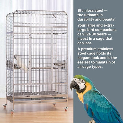 Prevue Pet Products Imperial Extra Large Stainless Bird Cage - Big Birdcage Ideal for Parrots, Cockatoos, Macaws, Included Perch and Cups, Durable Cage with Wheels - Gray, Extra Large