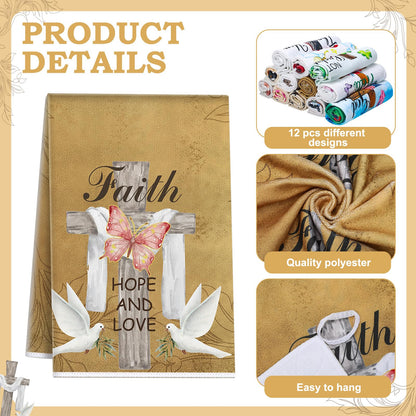 Mindsoft 12 Pcs Christian Seasonal Kitchen Towels 16 x 24 Inch Religious Cross Flower Dish Towels with Hanging Loop Christian Gifts for Women Men Absorbent Dishcloth for Oven Door Housewarming Decor