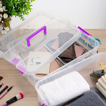 BTSKY 2 Layer Stack & Carry Box, Plastic Multipurpose Portable Storage Container Box Handled Organizer Storage Box for Organizing Stationery, Sewing, Art Craft, Jewelry and Beauty Supplies(Purple)