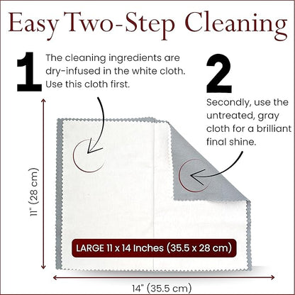 Pro Size Polishing Cloth Set of 2 Large Cleaning Cloths Pure Cotton Made in USA for Gold Silver and Platinum Jewelry Coins Watch, Silverware 11 x 14 inches each Tarnish Remover Keeps Jewelry Shining