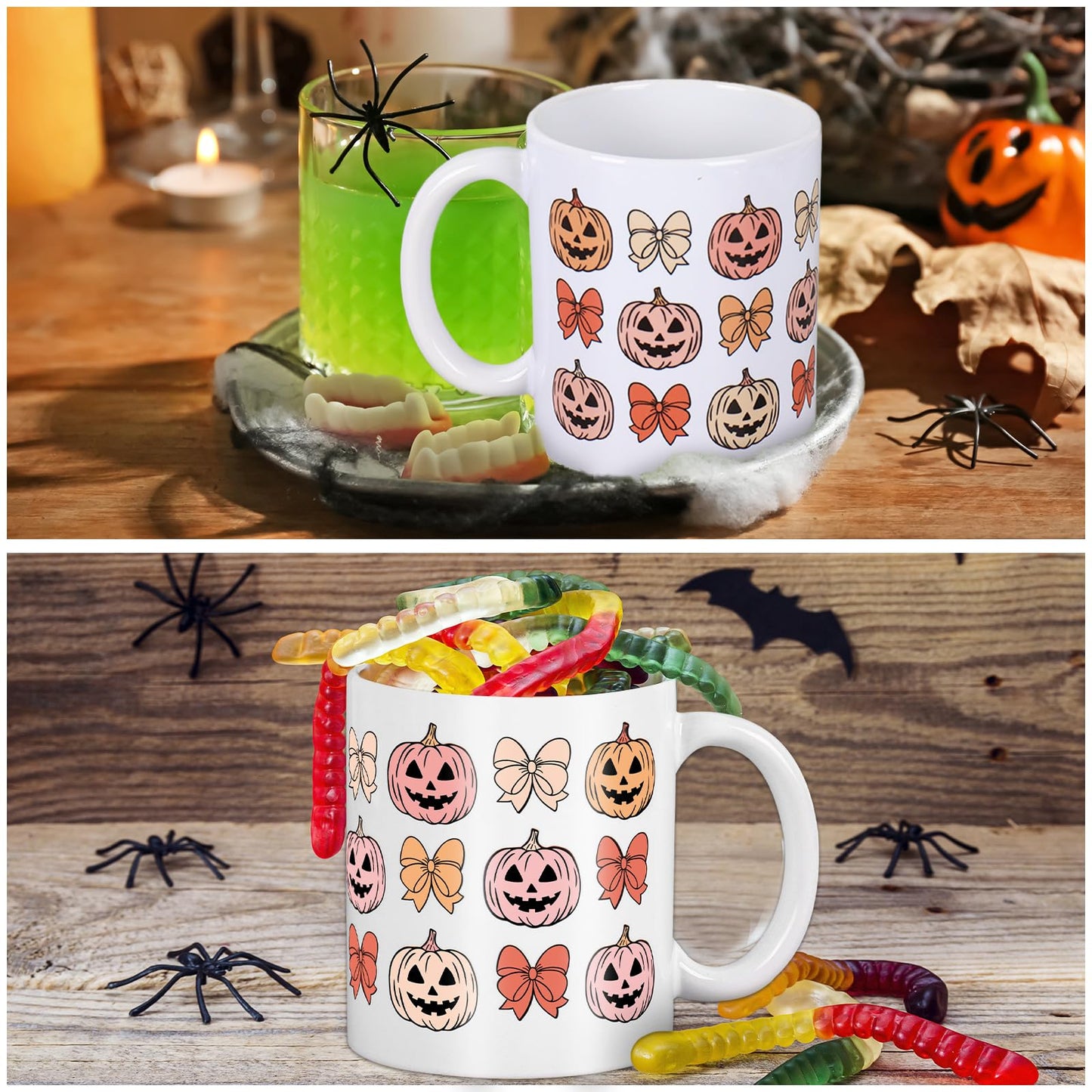 JarThenaAMCS Halloween Mug Retro Pumpkin Bow Coffee Mug Orange Pink Groovy Ceramic Drinking Cup for Halloween Fall Party Supplies Table Centerpieces, 12 Oz