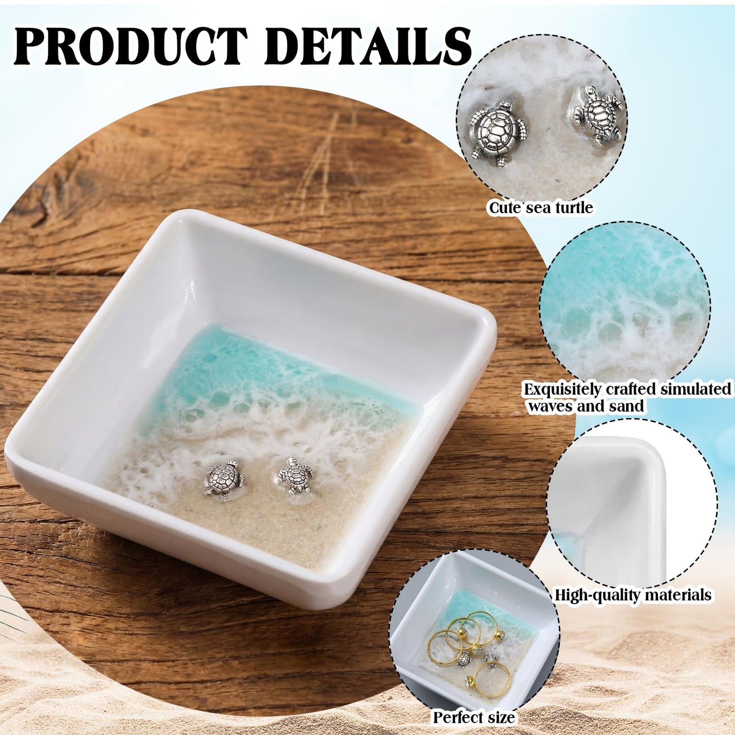 Novabright Handmade Ocean Resin Jewelry Tray Mini Turtle Square Ring Dish Jewelry Holder for Rings Earrings Engagement Gifts for Couples Birthday Gifts Ocean Beach Art Gift for Women