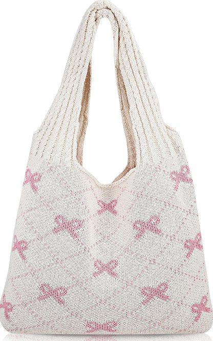 Busnos Beige Crochet Beach Bags For Women Coquette Bow Tote Bag Purse For Women Cute Crochet Beach Tote Bag Boho Knit Shoulder Purses Trendy Womens Travel Vacation Handbag