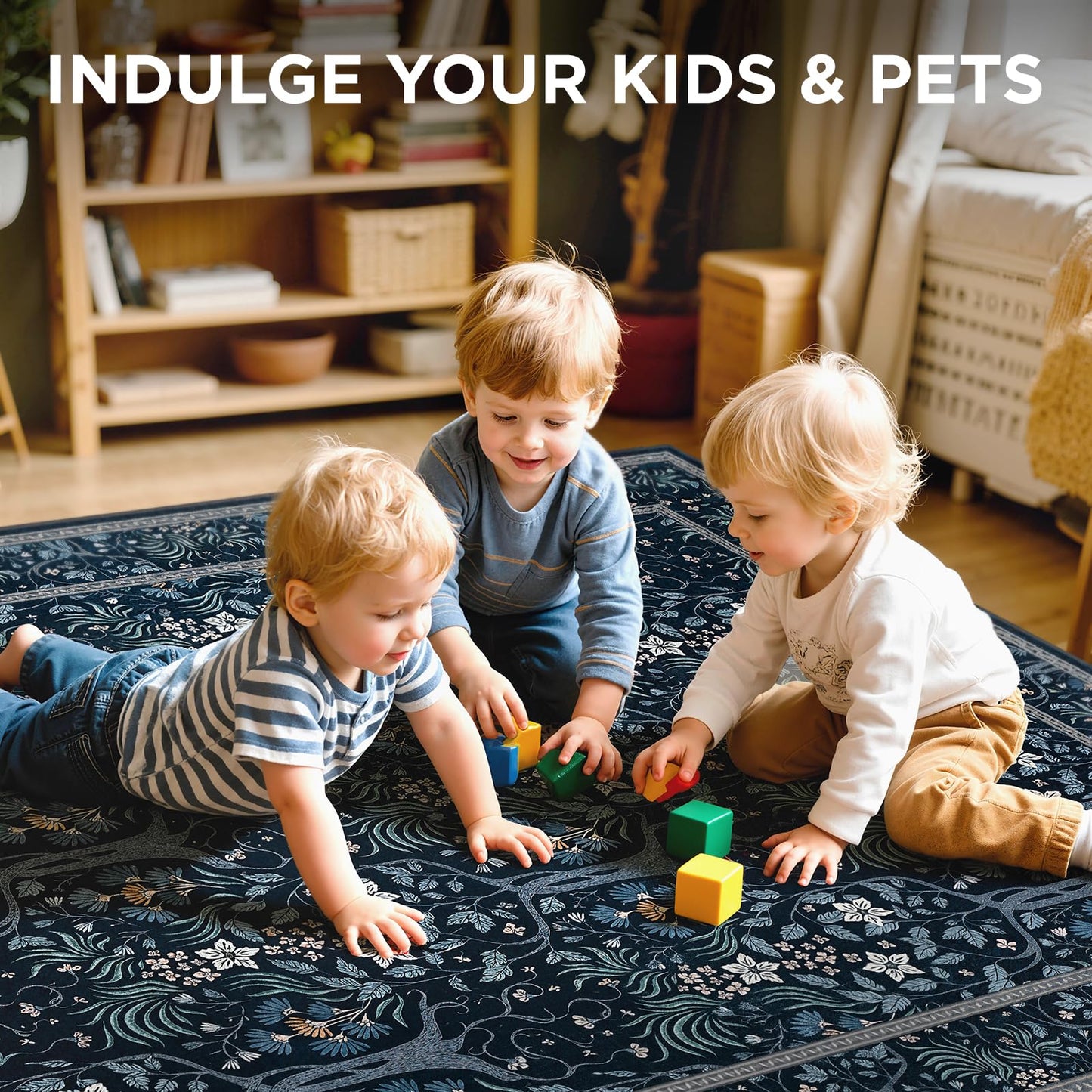 Joydeco Machine Washable Area Rugs 5x7, Boho Floral Rug for Bedroom Non Slip, Soft Forest Botanical Low-Pile Floor Indoor Throw Carpet for Living Dining Room Dorm Office, Black