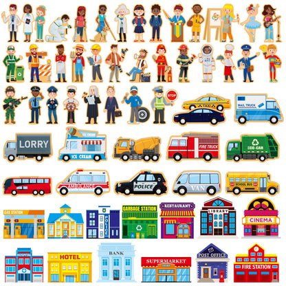 Blosssound 81 Pcs Wooden Community Helpers Toys Wooden Car Town Set Wood People Figures Multicultural Career Wood Blocks for Preschool Classroom Diversity Play Games Educational Activity Supplies