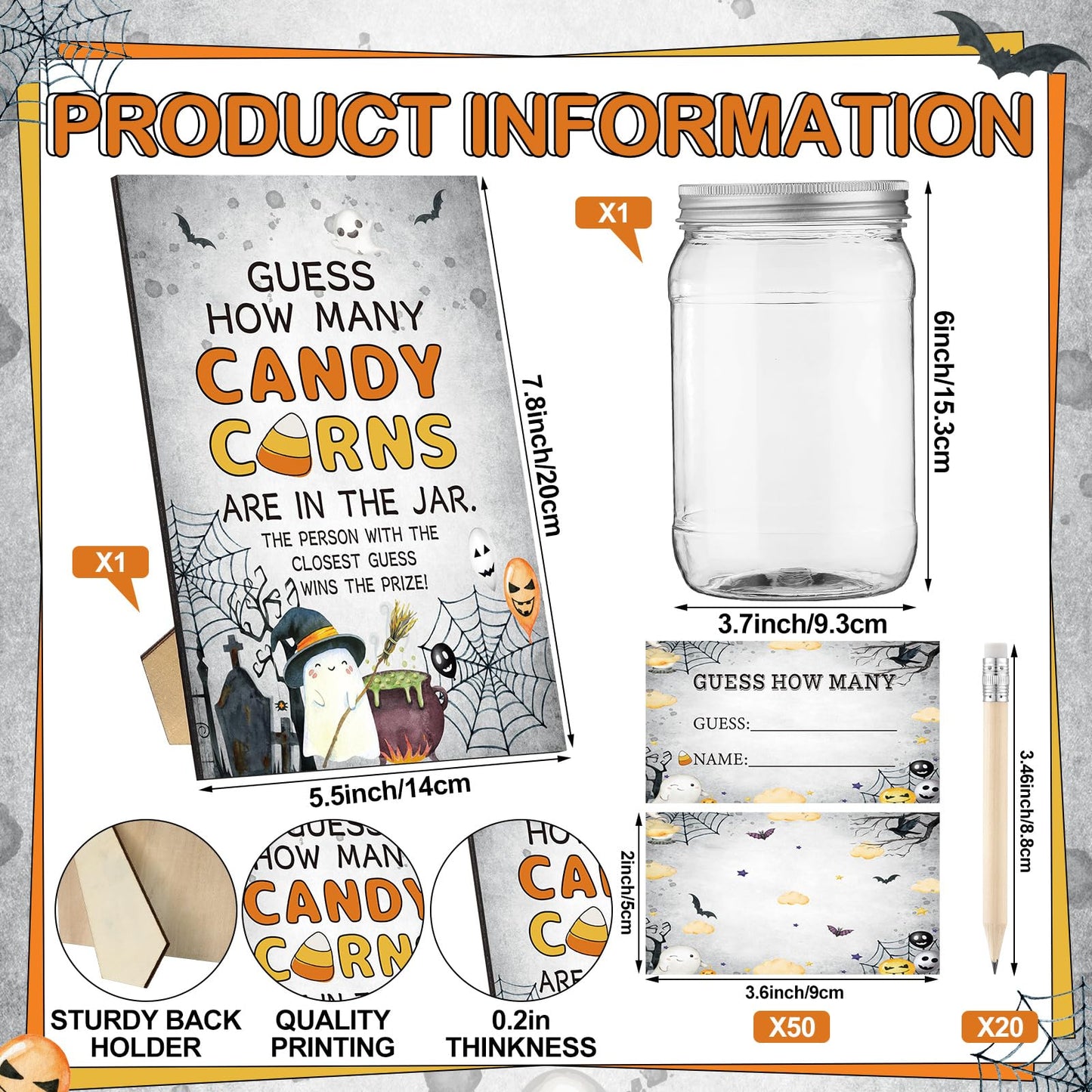 Honeydak Guess How Many Candy Corns Halloween Party Game for Adults Include 50 Guessing Cards 20 Pencils 1 Jar 1 Standing Sign Halloween Candy Corn Guessing Game