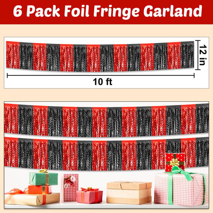 6 Pack 10 Feet Black Red Wave Foil Fringe Garland Metallic Tinsel Streamers Banner Wall Hanging Curtain Backdrop for Parade Floats, Mother's Day, Easter, Wedding, Birthday Party Decoration