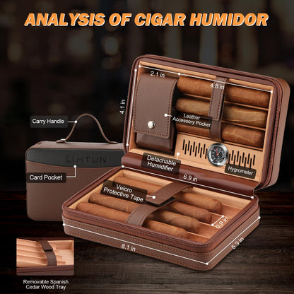 LIHTUN Cigar Humidor, Leather Cedar Wood Travel Cigar Case and Multifunctional in 1 Cigar Lighter Set Portable Travel Humidor Box Cigar Gift for Men (Brown)