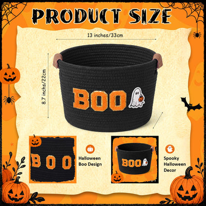 Acellegic Halloween Woven Rope Basket 13 x 8.7 x 7.9 Inch BOO Ghost Decorative Storage Basket with Ghost Pendant Halloween Candy Bowl Trick or Treat Bucket Party Favors for Home Nursery Organizer