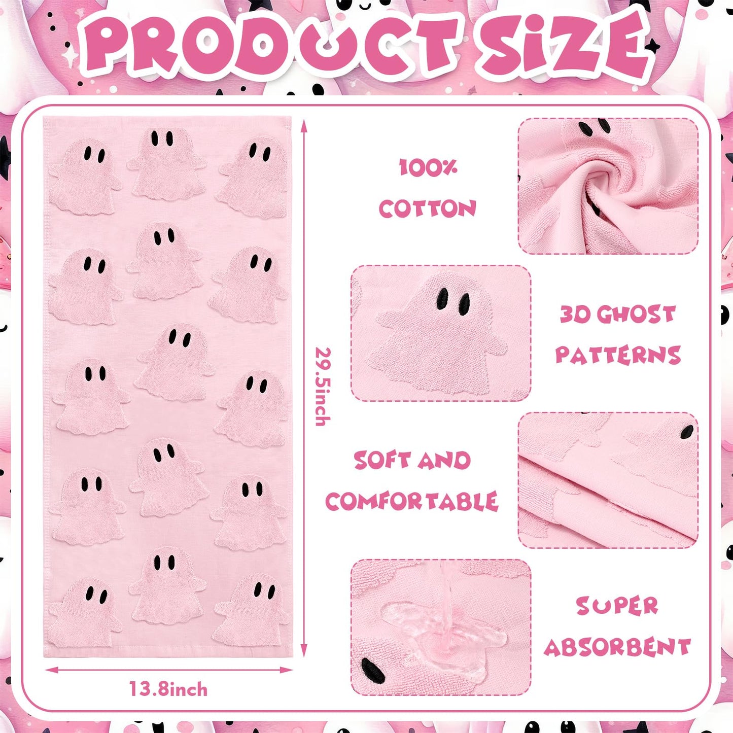 Whaline 2Pcs Halloween Hand Towel Pink 3D Ghost Jacquard Cotton Towel Absorbent Dish Towels for Kitchen Bathroom Drying Cleaning Cooking, 13.8 x 29.5 Inch
