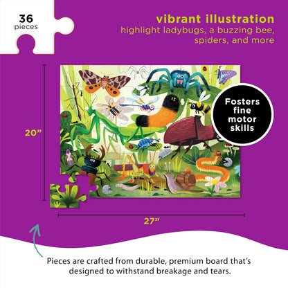 Crocodile Creek 36-Piece Jigsaw Floor Puzzle - Fun Floor Puzzles for Kids Ages 3-5 - Heavy-Duty Shaped Box for Storage - Backyard Bugs - 24" W x 18" H Finished