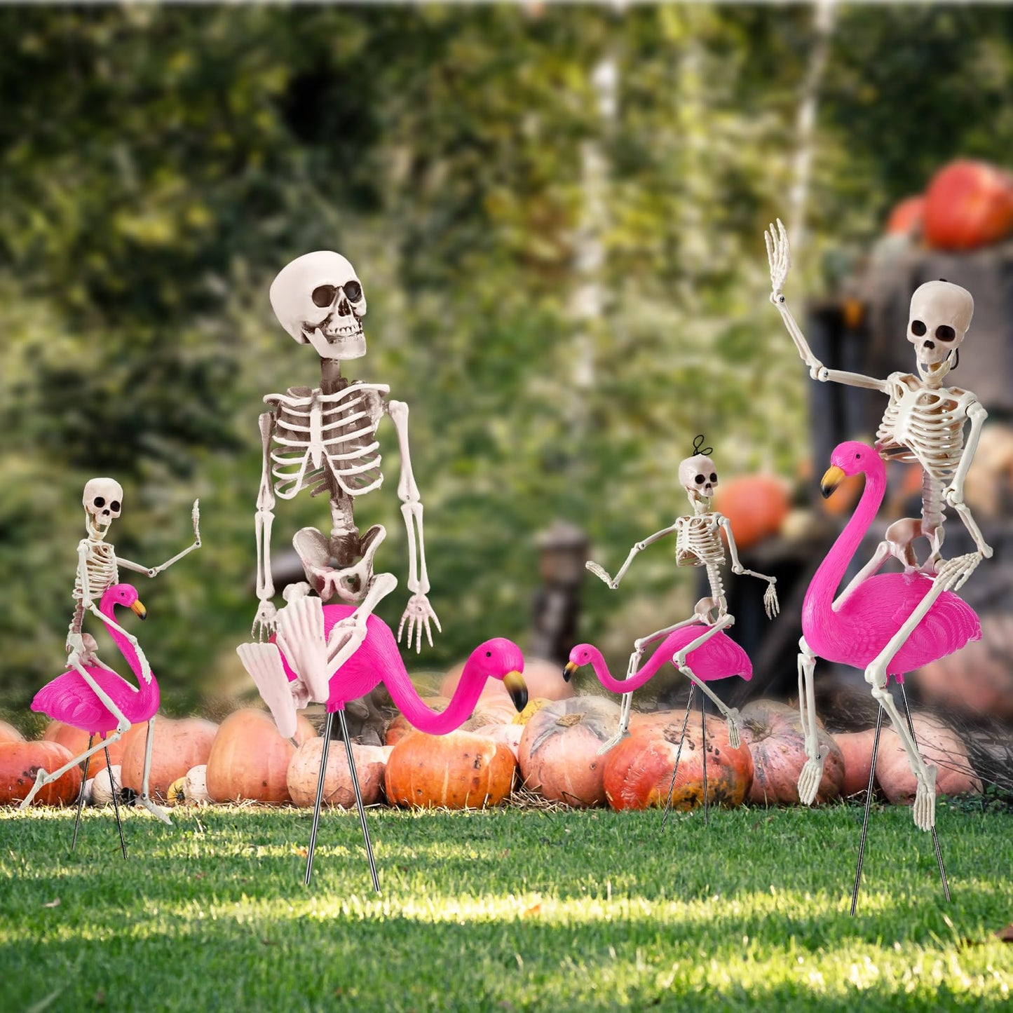 Simgoing 8 Pcs Halloween Skeleton Flamingo Decoration Outdoor Yard Ornament 15.7" Plastic Skeleton Decor with Posable Legs Flamingo Statue Decor for Yard Garden Lawn(Pink,M,Classic)