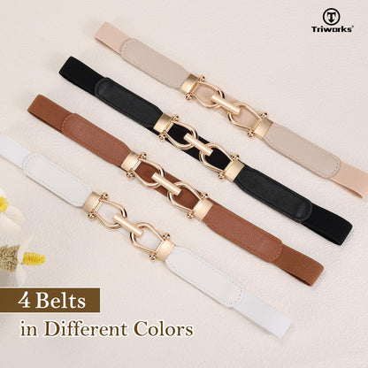 TRIWORKS 4 Pack Skinny Elastic Belts for Women Gold Buckle Thin Stretchy Waist Belts for Dresses