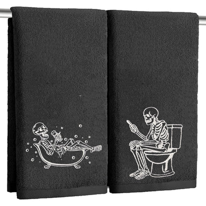 2 Pack Luminous Halloween Hand Towels 100% Cotton Embroidered Skull Halloween Kitchen Towels Glow in The Dark Black Skeleton Bathroom Towels Seasonal Bathroom Decor (Black Skeleton, Halloween)