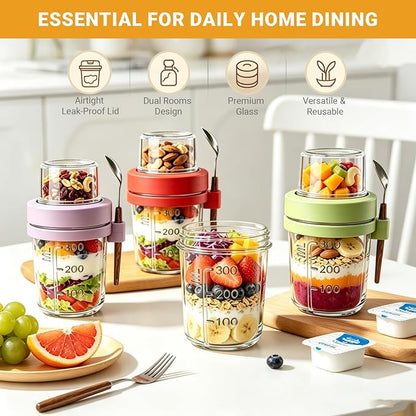 16+4 OZ Glass Mason Jars,Overnight Oats Containers with Lids and Spoon,Removable Independent Compartment,Large Capacity Airtight Jar for Milk,Fruit,Cereal,4 Pack(Purple/Green/White/Red)