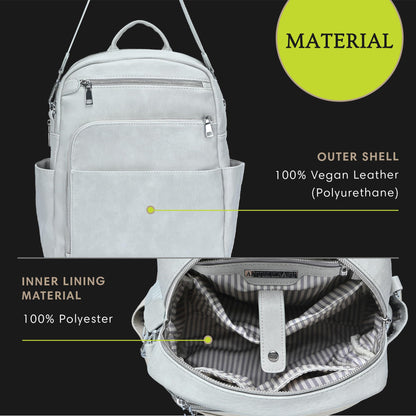 MMS Brands Antik Kraft Willa Vegan Leather Backpack (Grey) | Convertible Backpack Purse for Women | Vegan Leather Shoulder Bag | 13" L x 4" W x 14" H
