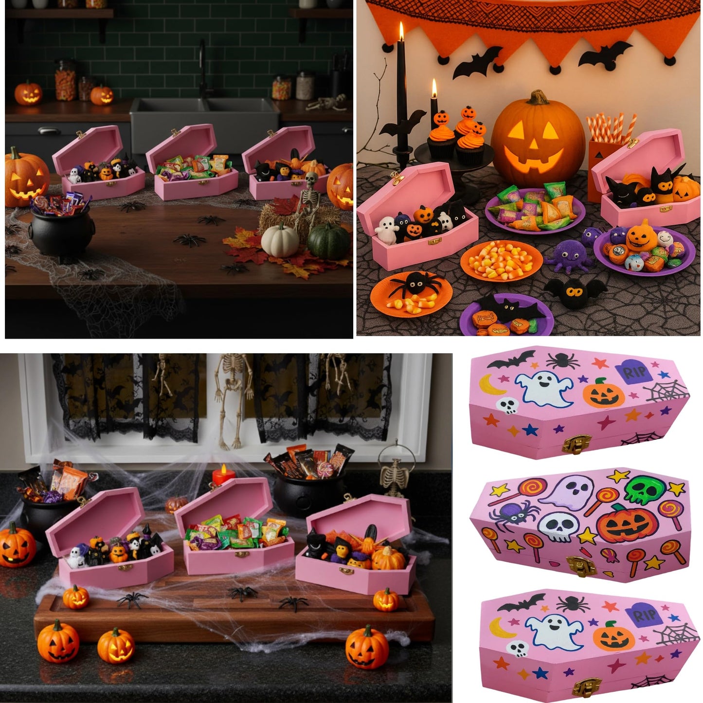 Thyle Mini Halloween Wood Coffin Box Bulk 6 Inch Small Wooden Coffins Unfinished Funeral Box for Candy Treat Goth Jewelry Gift Party Favors Decorations(Pink,12 Pcs)