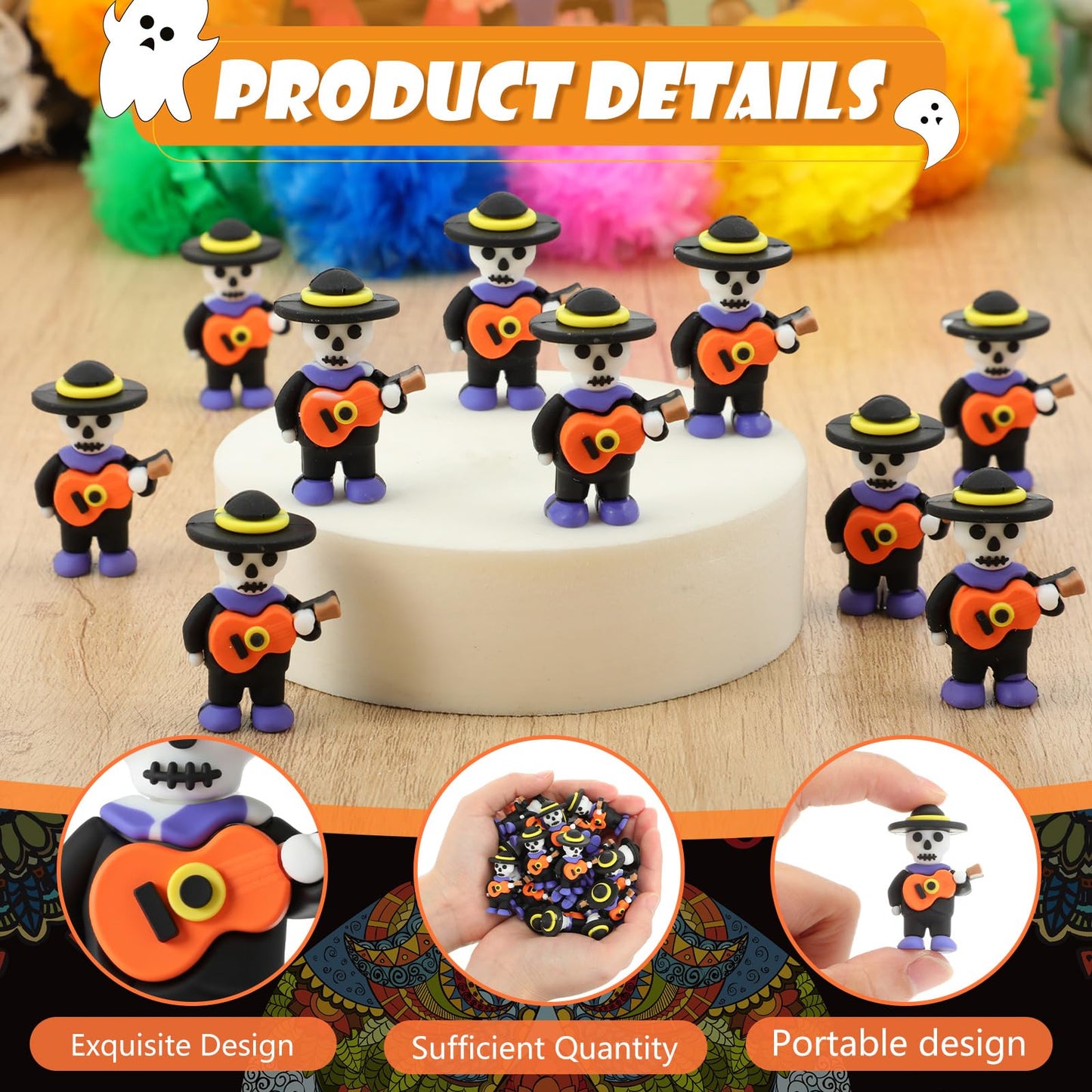 VioraWhite 50 Pcs Halloween Day of The Dead Mini Figurines Little Día De Muertos Figures Mariachi Band Mini Skeleton Skull Statue for Hide and Seek Props Window Desk Kitchen Decorations Party Gifts