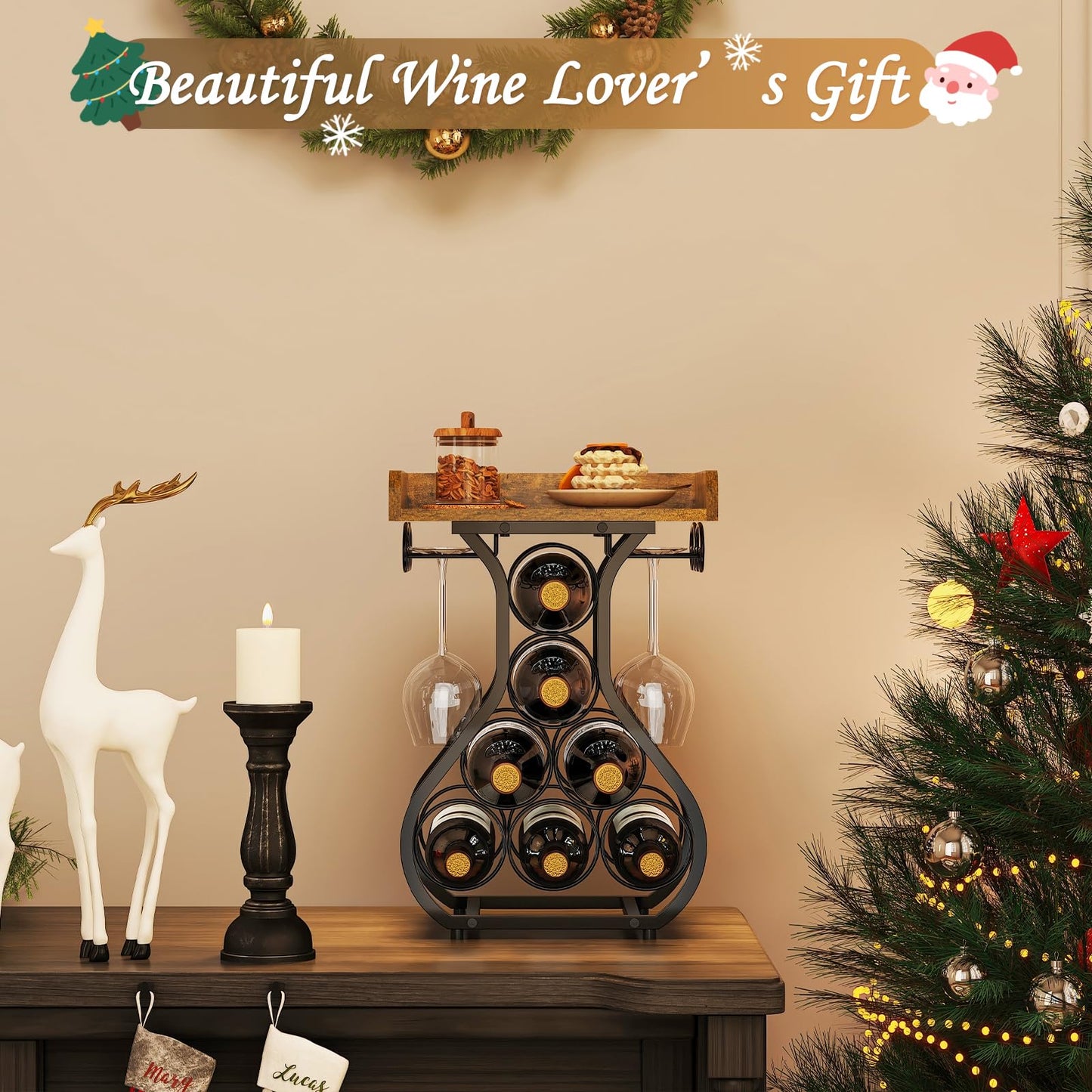 X-cosrack Wine Racks Countertop, Small Wine Rack with Wine Glass Holder, Mini Countertop Wine Rack with Tabletop Wine Storage Cabinet Shelf for Kitchen Pantry Home Bar