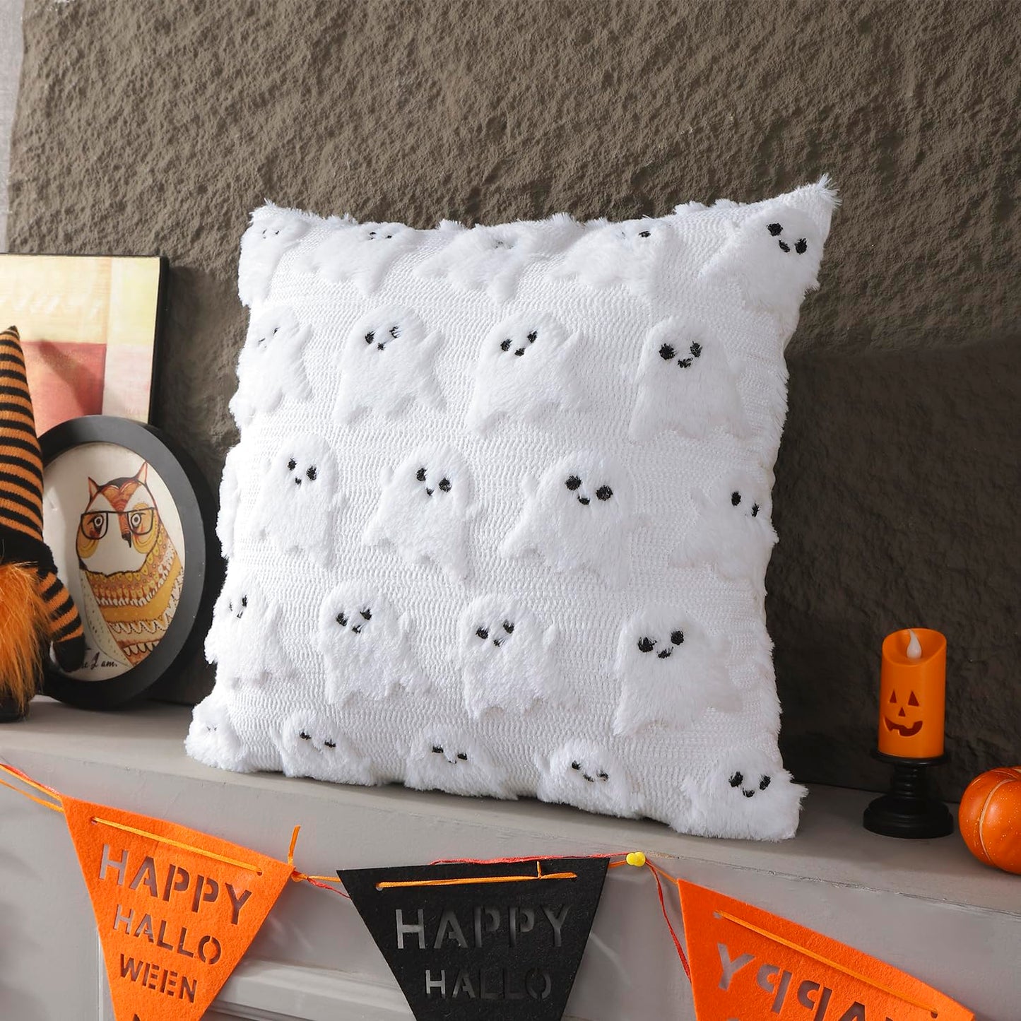LUOYEHK Halloween Pillow Covers 16x16 Set of 2 White Ghost Decorative Pillow Cases Holiday Soft Plush Faux Fur Cushion Covers for Couch Sofa Bed