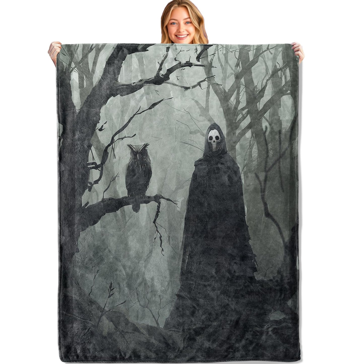 MIEPOS Horror Haunted Forest Gothic Throw Blanket,50x60in,Soft,Lightweight Flannel,Owl and Ghost Black Goth Blankets - Gifts for Adult,for Couch Office Travel,Home Living Room Halloween Decor
