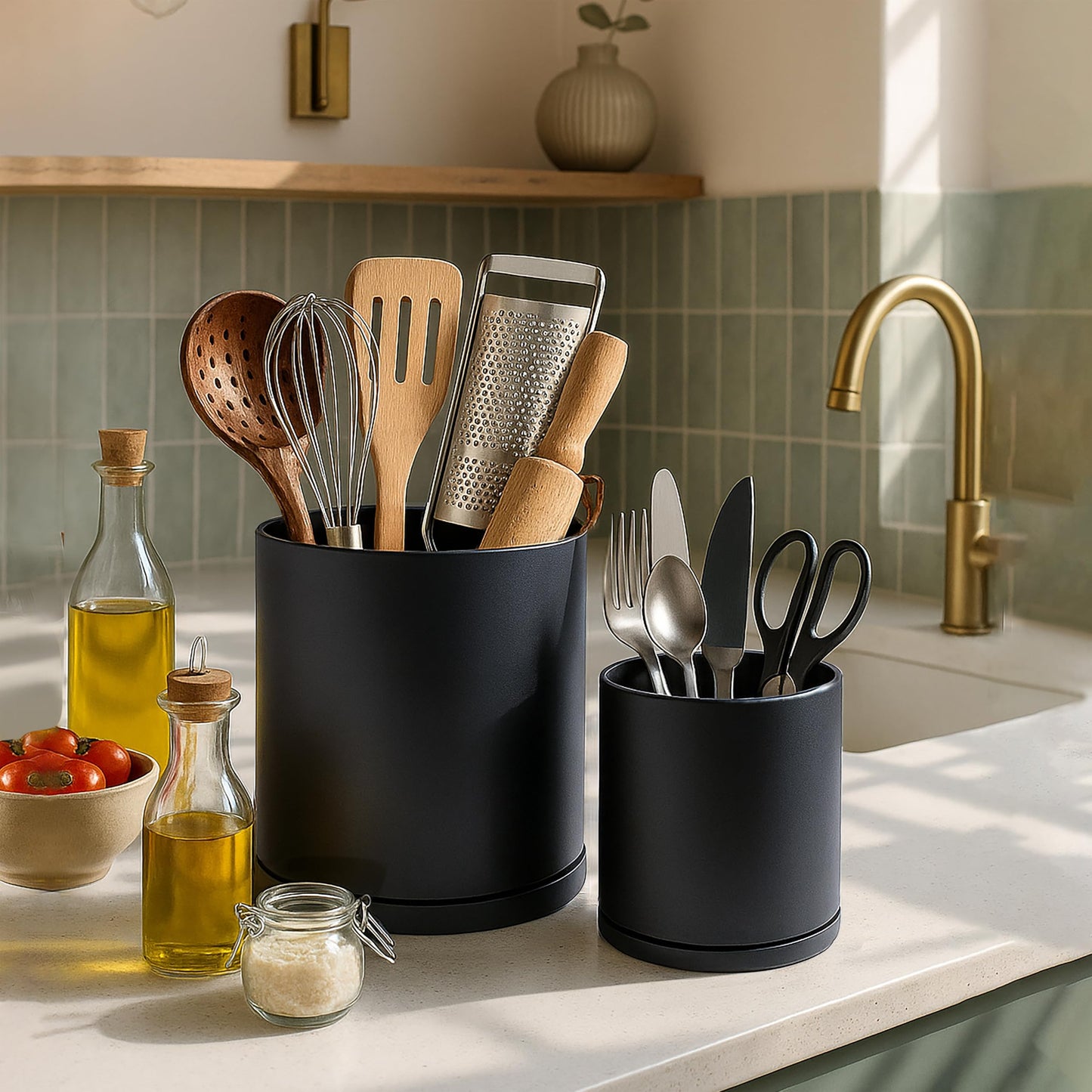 D'vine Dev 360° Rotating Utensil Holder Set – 7.2"+5" Kitchen Utensil Crocks for Countertop, Modern Cooking Tool Organizers for Kitchen Storage +Décor, Black, Set of 2, 72-Z-B-1