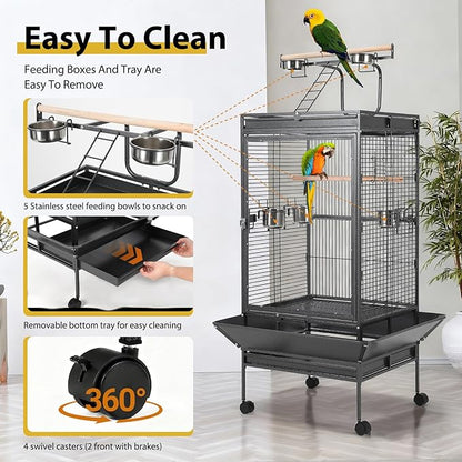 64.4" Tall Large Bird Cage, Metal Parrot Cage with Play Top, Rolling Stand & Bowls - Bird Aviary for Parrots, Conures, Cockatiels, Parakeets, Indoor Outdoor Aviary for Outside Porch Yard Garden